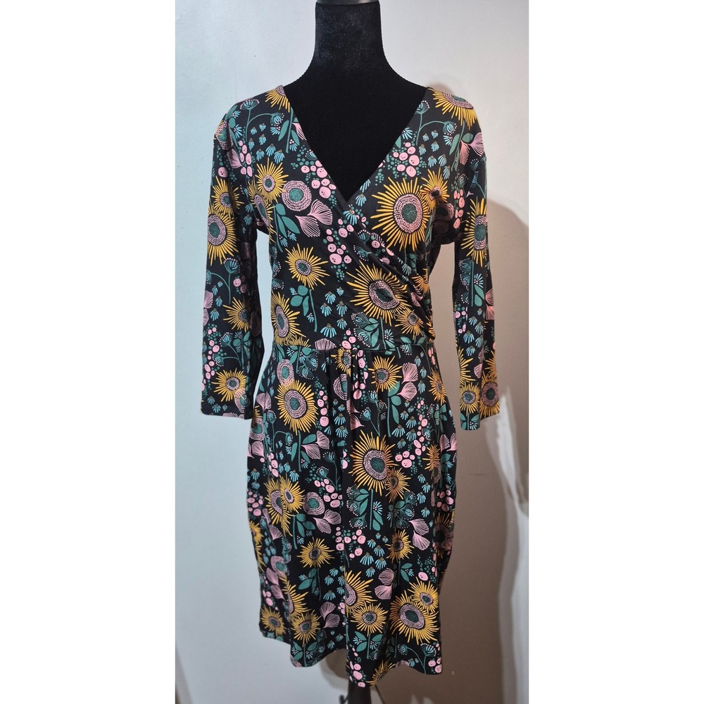 Mata Traders Organic Cotton Sunflower Wrap Dress Black Floral V-Neck Large NWT